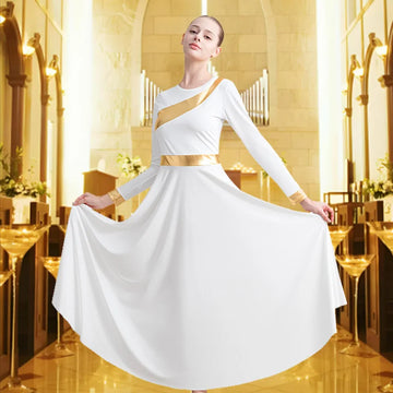 Women's Metallic Block Long Sleeve Praise Dance Dress for adult Church Worship Liturgical Skirts with No crotch and Soft Lining