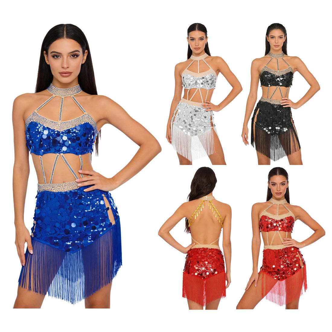 Tassels Latin Dance Dress for Women Glittery Sequins Ballet Leotard Performance Costume Halter Hollow Out Bodysuit Dress Clothes