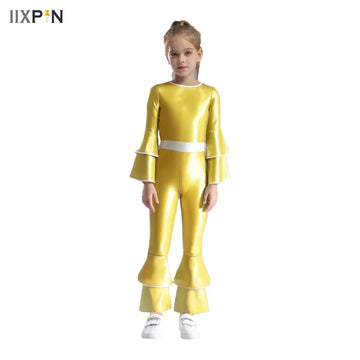 Girls Shiny Metallic 70s 80s Disco Dance Costume Long Sleeves High Waist Tiered Flared Jumpsuit for Party Jazz Dance Performance
