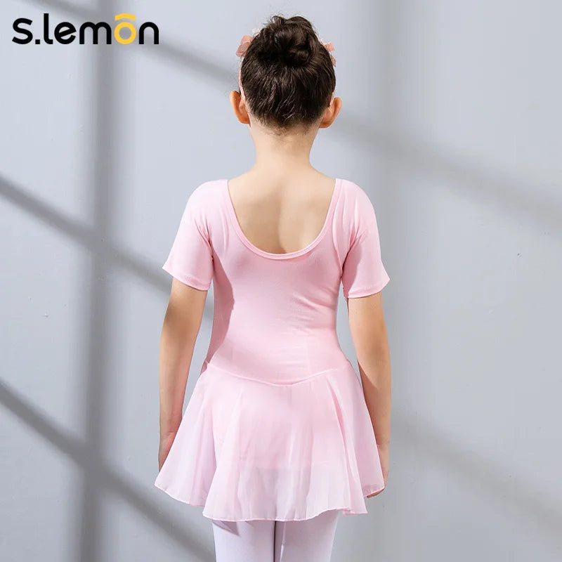 S.lemon Kids Dance Dress Peru Cotton Chiffon Skirt V Neck & U Back Elastic Waist Easy Potty Training Girls Performance Outfit