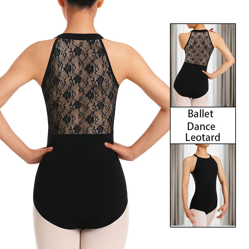 Women's Floral Lace Splicing Ballet Dance Leotards for Adult Gymnastics Dance Tops with Soft Front Lining Ballet Clothes