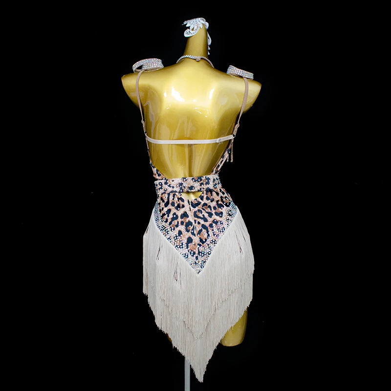 Latin Dance Dress for Women Customized Leopard Printed Tassels Professional Competition Clothes Tango Samba Performance Dresses