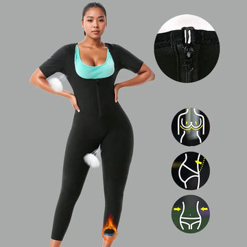 Women's Full Body 3-In-1 Sauna Sweat Suits Short Sleeve Pants Slimming Jumpsuits Weight Loss Slimming Shaper Waist Trainer