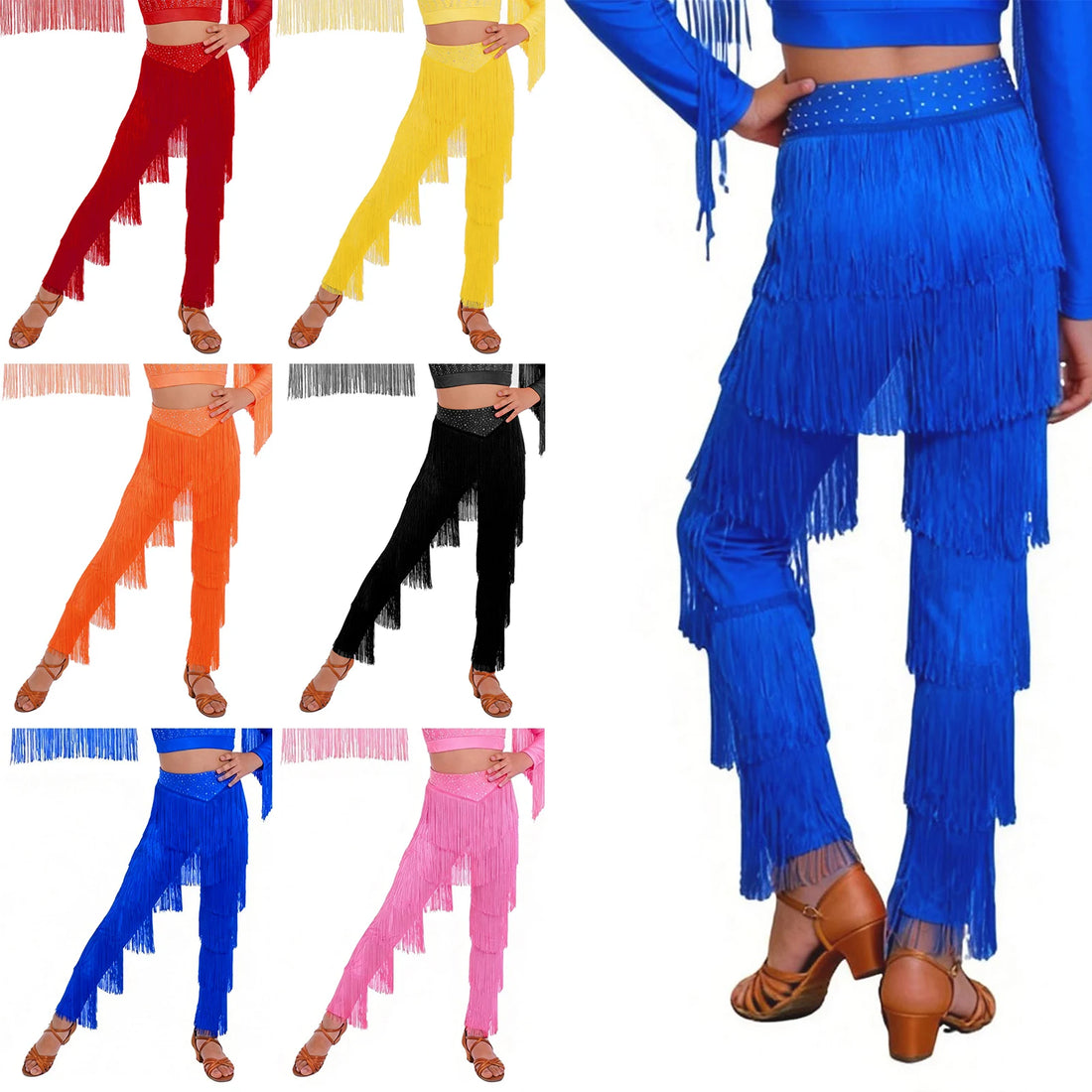 Kids Girls Profession Latin Samba Rumba Salsa Tango Cha Cha Dance Fringe Pants Tiered Tassel Ballroom Performance Trousers Wear