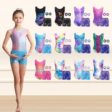 Girls Gymnastics Leotards  Children's  Dancewear  Clothing  with Matching Shorts Hairband Kids Roundneck Tumbling Outfits