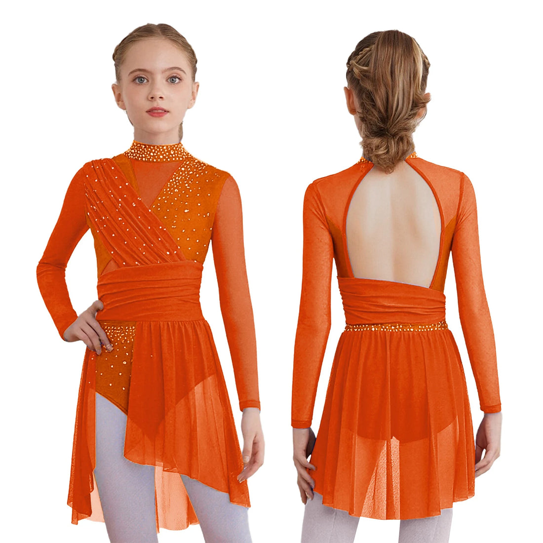 Big Girls Glittery Modern Dress Long Sleeve Ruched Figure Skating Dress Gymnastics Ballet Lyrical Dance Performance Costume Wear