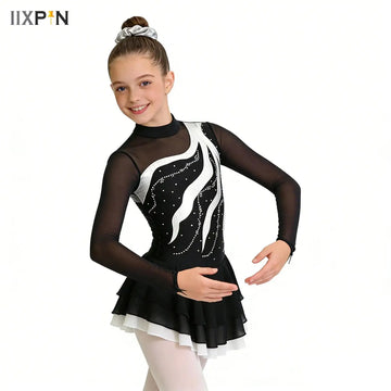Kids Girls Rhinestone Figure Skating Dress Mesh Ballet Dance Gymnastics Leotard+Hairband Stage Performance Competition Dancewear
