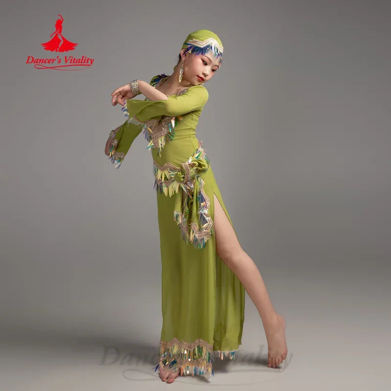 Belly Dancing Performance Costume Set for Children's Advanced Elegant Sequin Robe Set Girls' Oriental Dance Competition Clothing