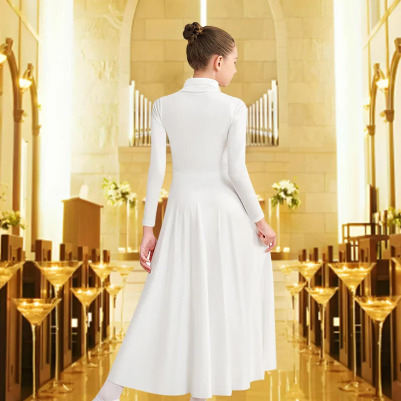 Girl Classic Long Sleeve Praise Dance Dress for girl Worship Liturgical Praise Costume with Folding Neck and No Crotch Dancewear