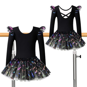 Girls Long Sleeve Dance Dress Ballet Dance Leotards for girl Gymnastics Tutu Skirts with Crisscross Back and Sparkly Sequins