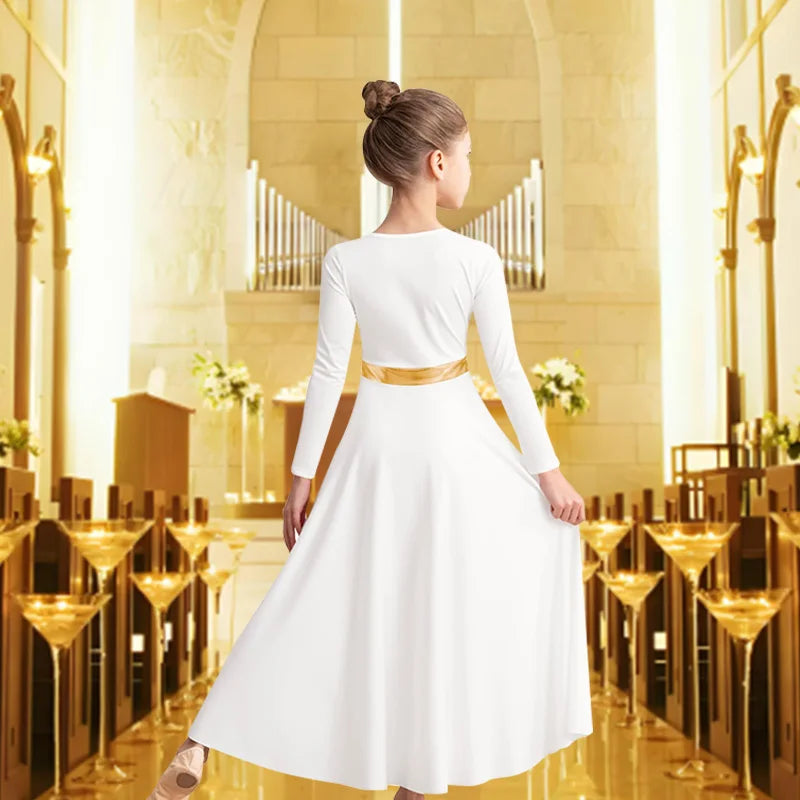 Girls Metallic Block Long Sleeve Praise Dance Dress for girl Worship Liturgical Praise Costumes with Round Neck No crotch Robes