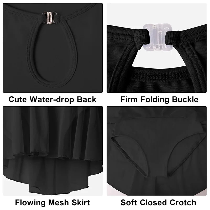 Girls Christmas Long Sleeve Dress Ballet Dance Leotards for girl Gymnastics Skirts with Water-drop Hollow Back and Fold Button