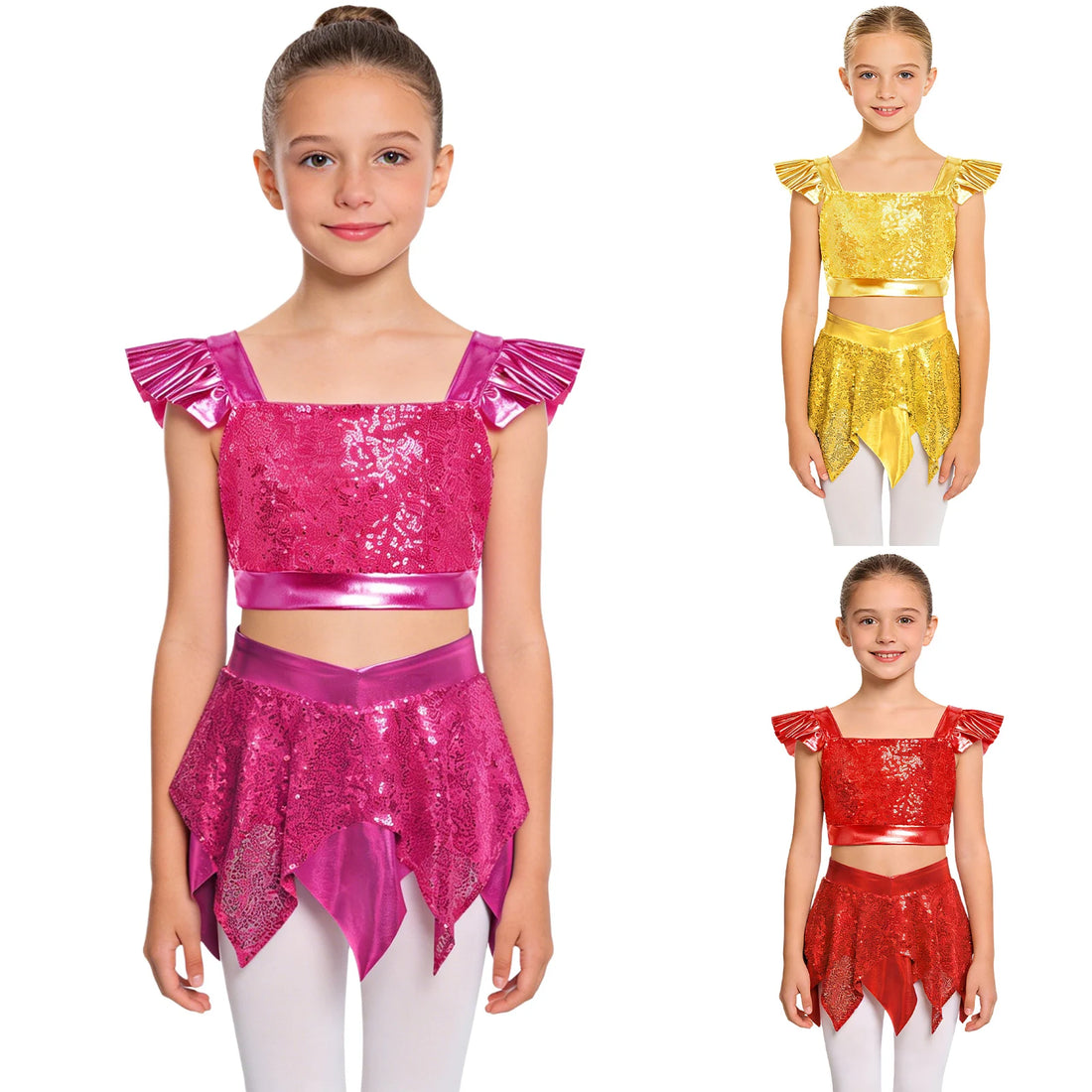 Kids Girls Hip Hop Jazz Dress Outfits Set Metallic Disco Crop Top with Asymmetric Mini Skirt Cheerleading Performance Costume