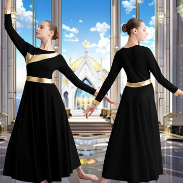 Women Metallic Block Long Sleeve Praise Dance Dress for adult Church Worship Liturgical Skirts with No crotch and Soft Lining