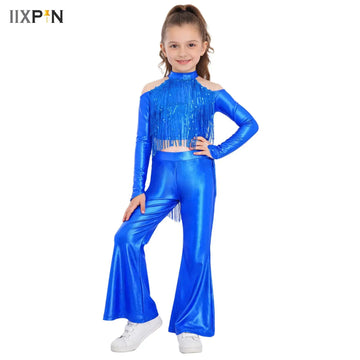 Teens Girls Shiny Sequin Crop Top with Flare Pants Jazz Latin Dance Outfit Kids Stage Show Performance Prom Party Costume