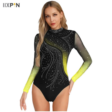 Womens Gymnastic Leotard Ballet Figure Skating Training Dancewear Rhinestone Long Sleeve Streamlined Splice Hollow Out Bodysuit
