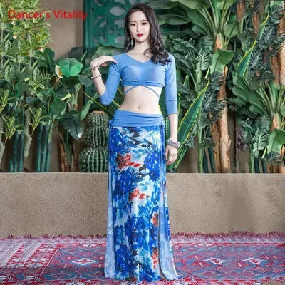 Belly Dance Practice Clothes for Women Belly Dance Suit Mesh Long Sleeves Top+printing Long Skirt Female Oriental Dance Outfit
