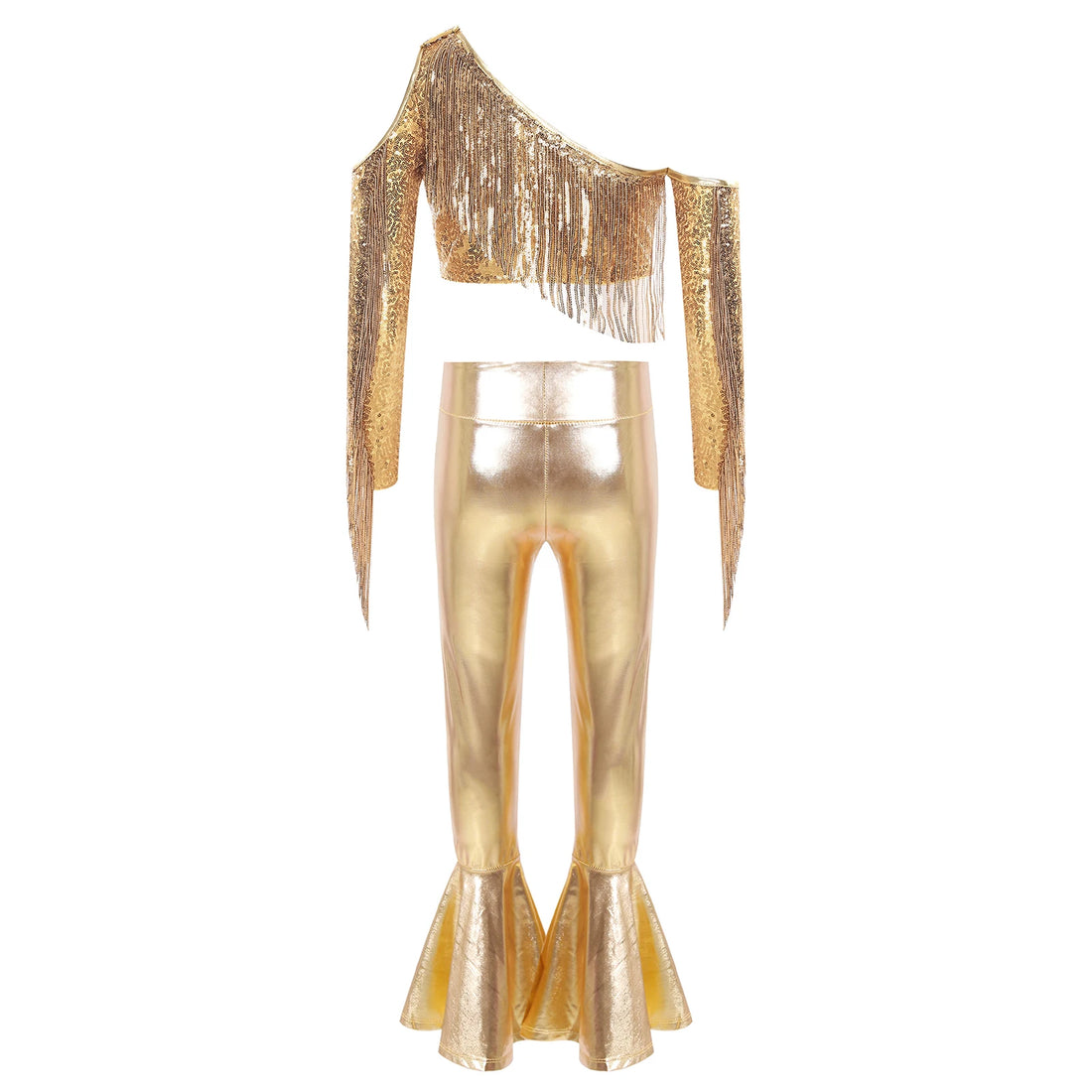 Kids Girls Jazz Hiphop Dance Outfit Cheerleading Stage Performance Costume Long Sleeve Metallic Shiny Crop Tops with Pants Latin
