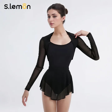 S.lemon Women Adult Ballet Practice Wear Mesh Long Sleeve Shawl Coat Slim Short Dance Cover Up