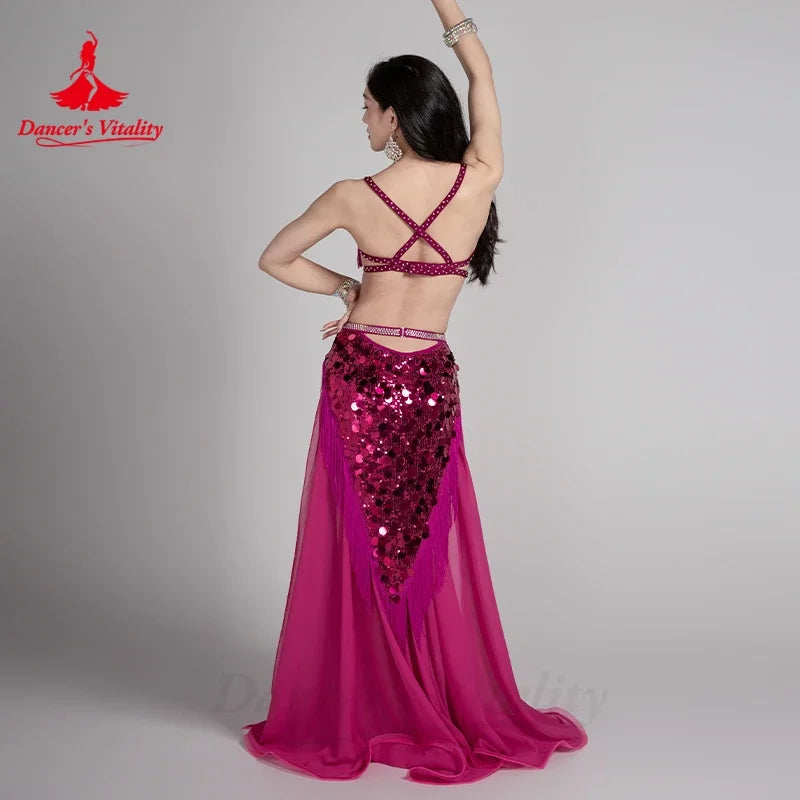 Belly Dancing Set for Women Custom Senior AB Stones Tassel Bra+Sequined Chiffon Long Skirt 2pcs Belly Dance Performance Costume