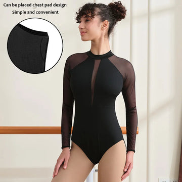 Women V-Mesh Mock Neck Long Sleeve Ballet Dance Leotard for Adult Dance Gymnastics with Water-drop Hollow Back and Chest Lining