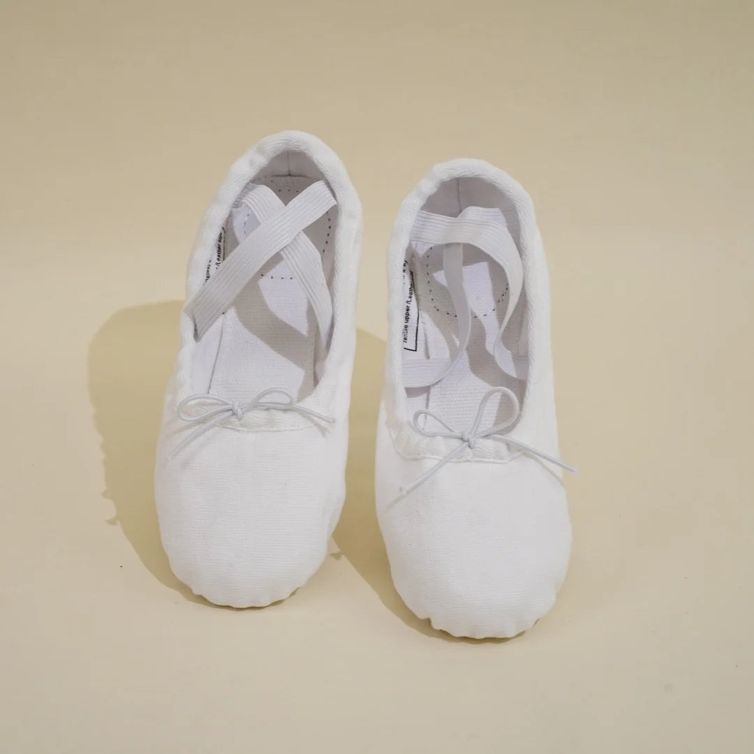 White Ballet Shoes – Canvas/Elastic, Cowhide Sole, for Kids & Adults
