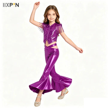 Kids Girls Glittery Sequin Pageants Outfit Tassel Cap Sleeve Crop Top And Bell Bottom Flared Pants Birthday Jazz Dancewear