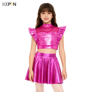 Kids Girls Jazz Hiphop Dance Outfit Cheerleading Stage Performance Costume One Shoulder Metallic Shiny Crop Tops+Mini Skirt Suit