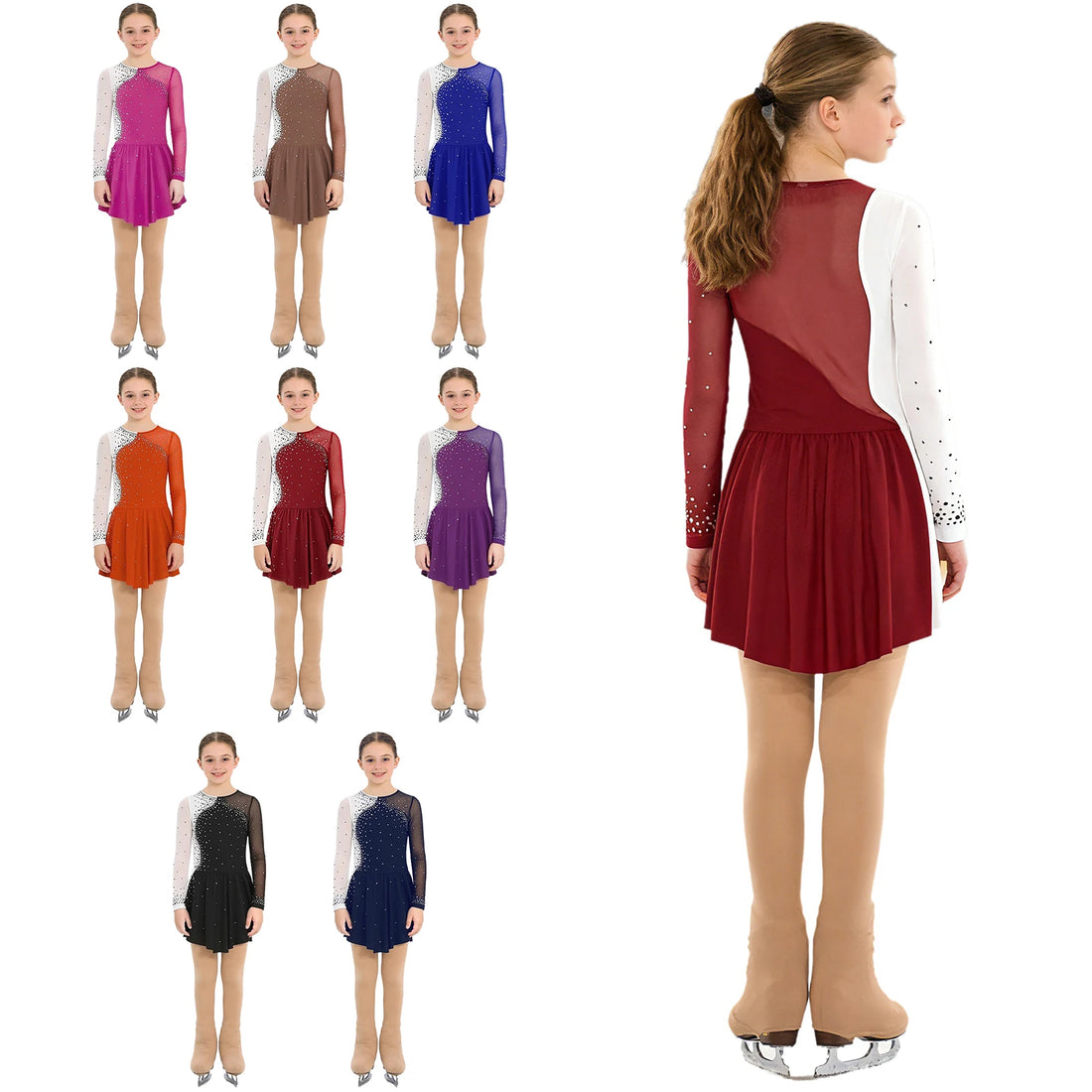 Girl's Contrast Color Dance Dress Ice Figure Skating Dress Mesh Tulle Skirted Leotard with Tights Costume Gymnastic Dancewear