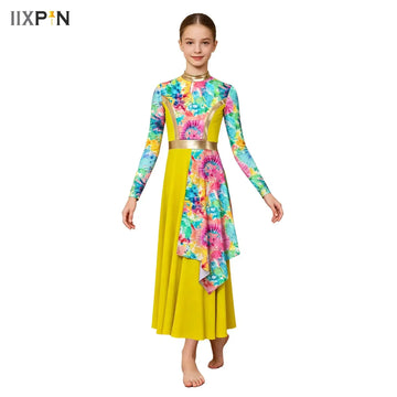 Girls Lyrical Worship Dancewear Kids Liturgical Praise Performance Dance Dress Long Sleeve Asymmetrical Drape Dress Costume