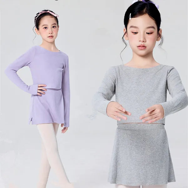 Girls Ballet Dance Sweater Set Pit stripes Long-Sleeve Top Side-slit short culottes Outfits Dancewear for Kids