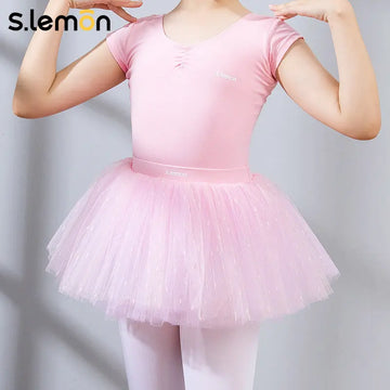 Kids Ballet Tutu Skirt 4-Layer Mesh Girls Dance Practice Skirt Vertical Glitter Stripe Versatile Performance Wear