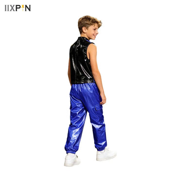 Kids Boys Metallic Jazz Dance Costume Mock Neck Sleeveless Back Invisible Zipper Shiny Sequins Color Block Top with Cargo Pants