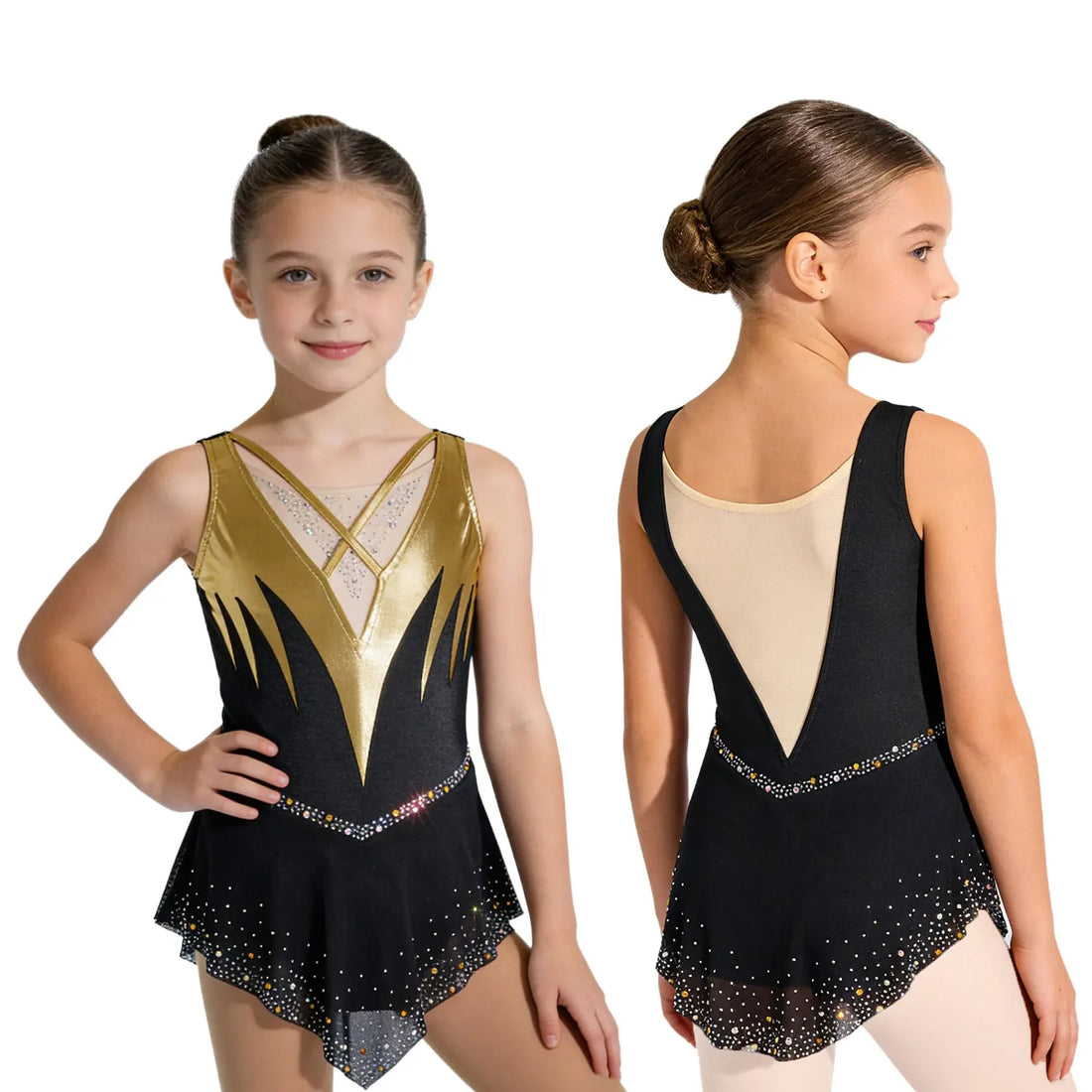 Kids Girls Ballet Dancewear Rhythmic Gymnastics Leotard Dress Rhinestones Figure Skating Rumba Latin Dance Cha-Cha Performance