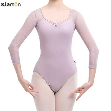 S.lemon Women Lycra Ballet Dance Leotard 3/4 Sleeve Lace Panel High Waist Slim Fit Black/Mist Purple