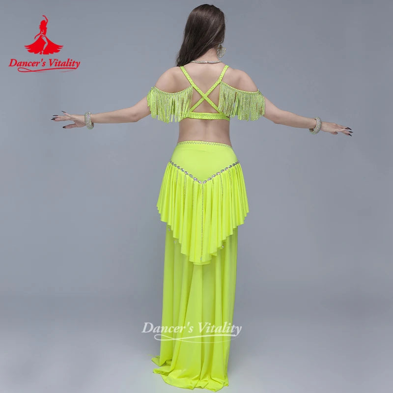 Belly Dance Costume AB Stones Fringe Bra+Sexy Split Long Skirt 2pcs Oriental Dance Pop Song Performance Outfit Dancer's Vitality