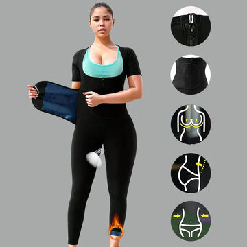 Women's Full Body 4-In-1 Sauna Sweat Suits Short Sleeve Pants Slimming Jumpsuits Weight Loss Slimming Shaper Waist Trainer