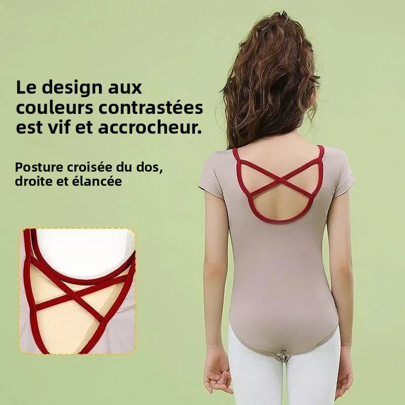 Girls Ballet Leotard Short Sleeve Cross Back Kids Dance Practice Bodysuit for Chinese Dance Art Exam Gymnastics Leotard