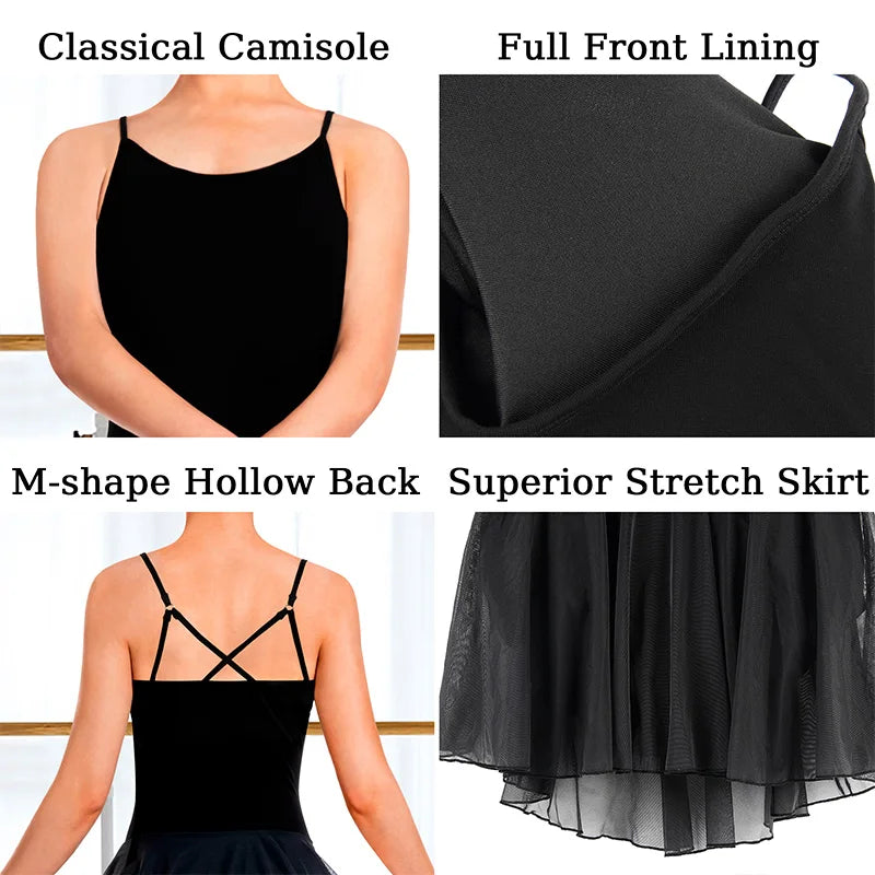 Women's Sleeveless Camisole Ballet Dance Leotards for Adult Gymnastics Skirts with M-shape Hollow Back and Lining Dance Dress