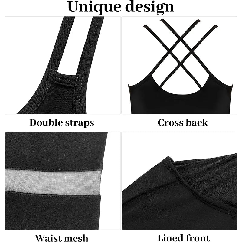 Women Sleeveless Camisole Ballet Dance Leotards for Adult Gymnastics Tank Tops with Crisscross Back and Mesh Waist Dancewears
