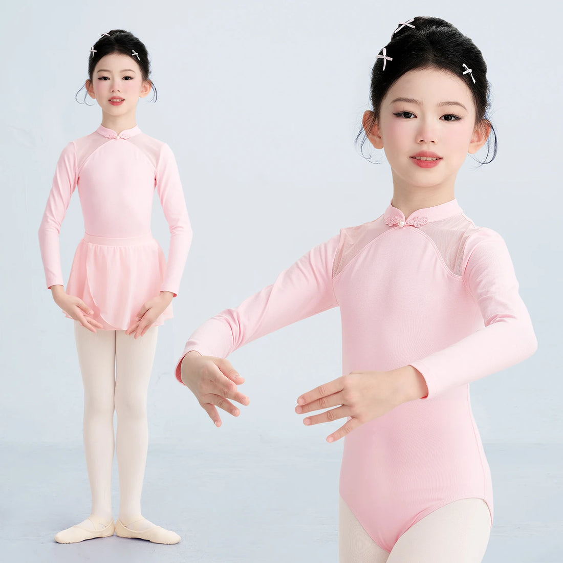 Girls Ballet Leotards Classical Dance Lace Mesh Splice Disk Buckle Long Sleeve Bodysuit Dancewear Gymnastic Ballerina Costume
