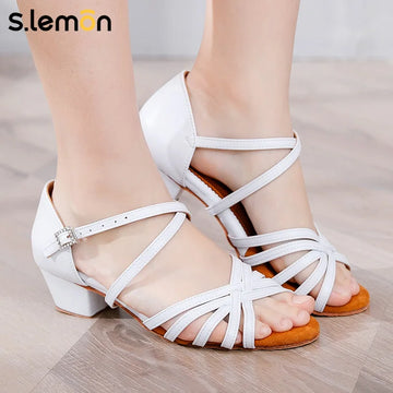 S.lemon Kids Latin Dance Shoes for Girls White Genuine Leather Soft Sole 3.5cm Heel Beginner Practice Shoes