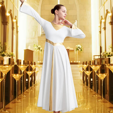 Women's Metallic Block Long Sleeve Praise Dance Dress for adult Christmas Church Worship Skirts with No crotch and Soft Lining