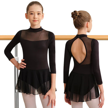 Girl's Long Sleeve Dress Ballet Dance Leotards for girl Gymnastics Dance Mesh Skirts with Big Hollow Back and Soft Lining