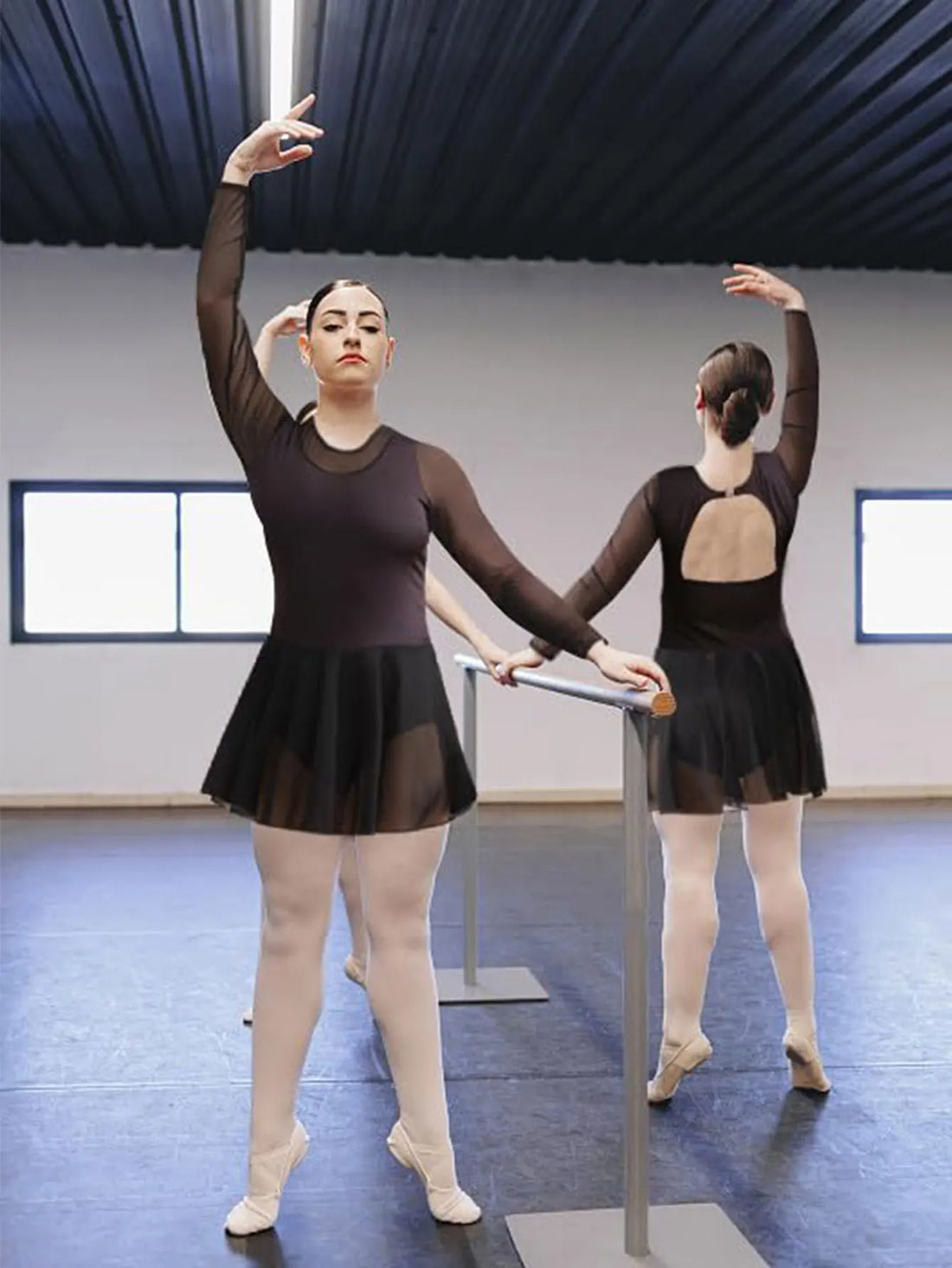 Women's  Long Sleeve Ballet  Leotard Adult Mesh Dance Skirts Hollow Back Bodysuit with Folding Buckle and Soft Lining