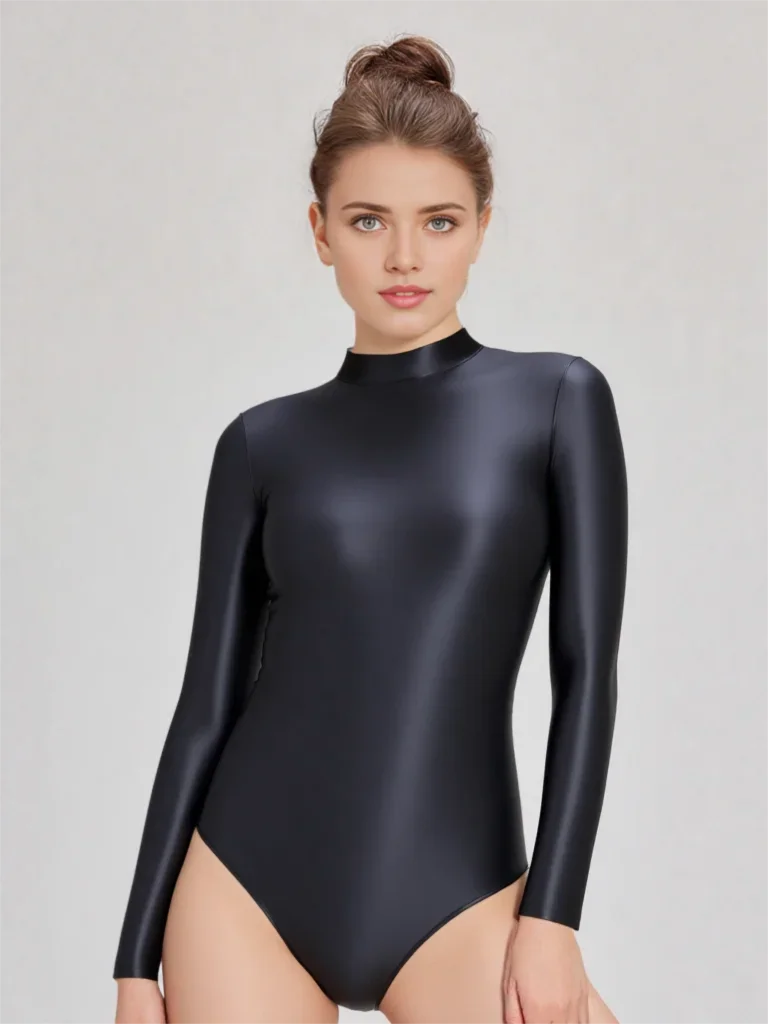 Sexy Glossy One-Piece Swimsuit for Women Silky Shiny Long-Sleeved Zip-Back High Cut Tights Leotard Swimwear