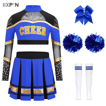 Girls Cheerleading Costume Cheerleader Dance Outfit Long Sleeve Crop Top with Pleated Skirt Flower Balls Socks Set Cheer Uniform