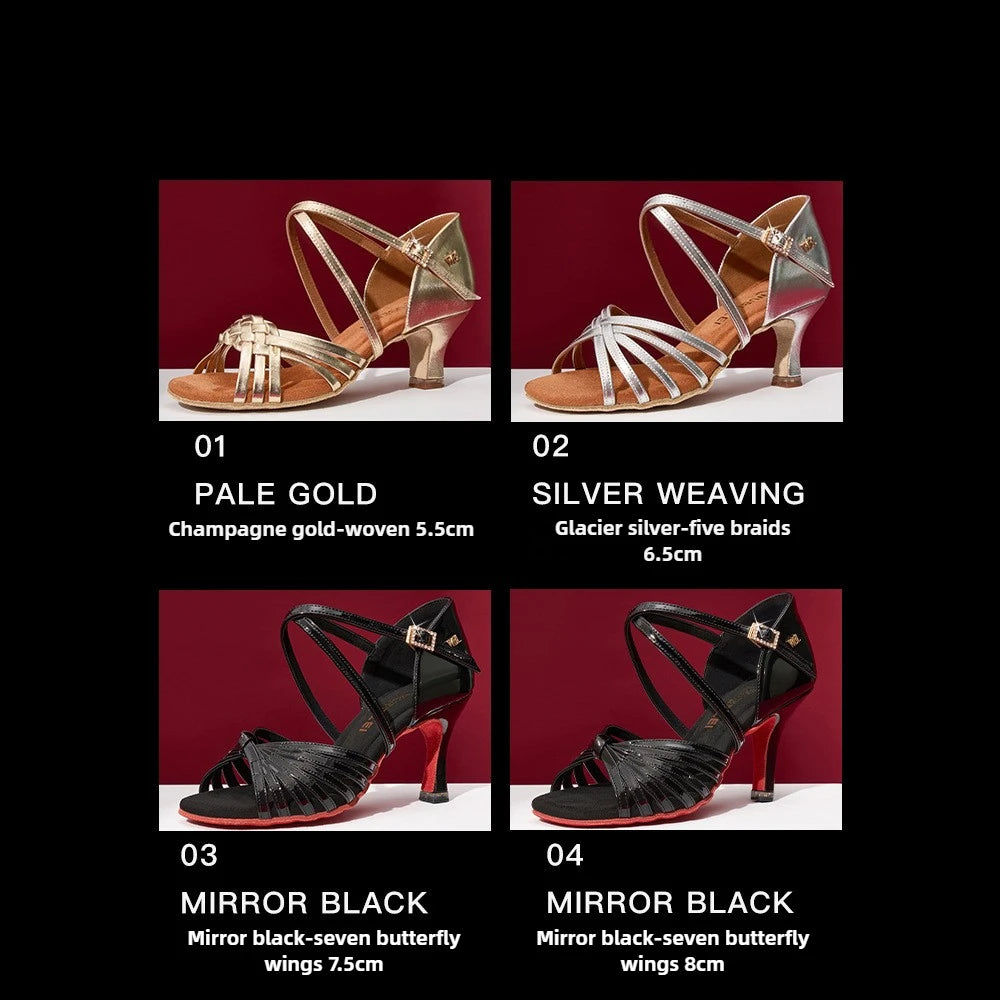 UK Latin Dance Shoes for Women, Black Patent Leather Red Sole Medium Heel, Genuine Leather Flexible Sole Ballroom