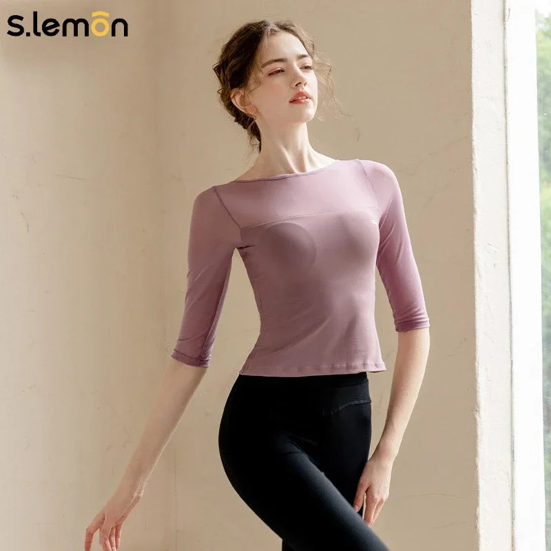 S.lemon Women Ballet Leotard with Built-in Bra 3/4 Sleeve Mesh Ballet Top Chinese Dance Bodysuit for Exam Training