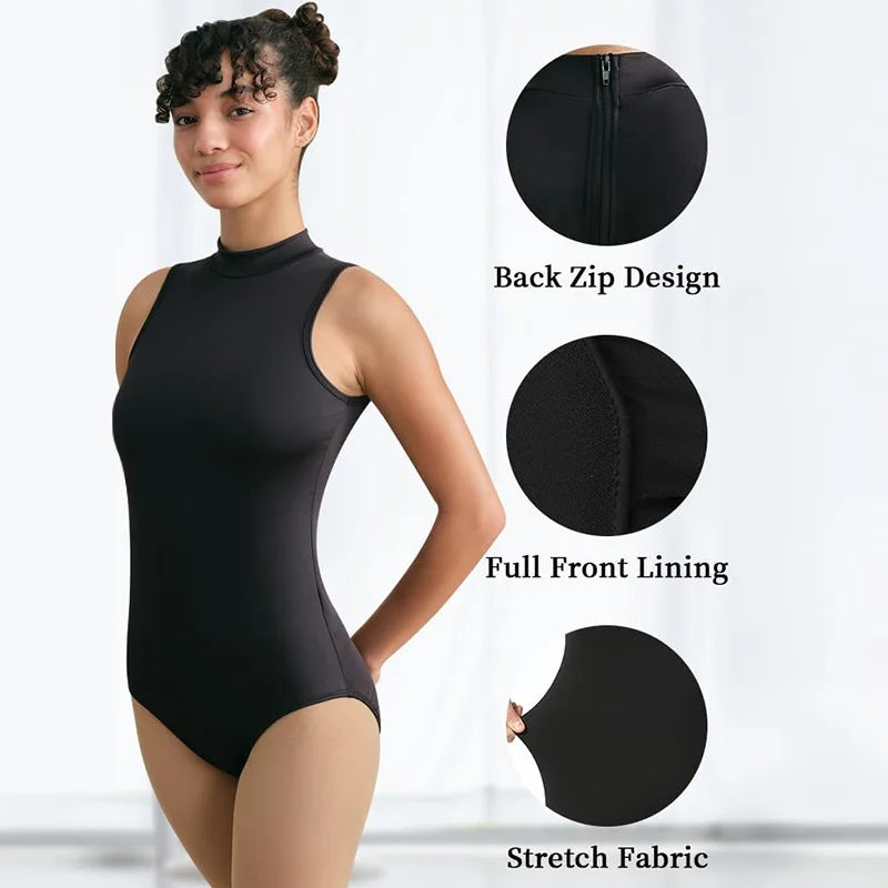 Women Turtleneck Sleeveless Camisole Ballet Dance Leotard for Adult Gymnastics Tank Tops with Back zip and Lining Dance Leotards